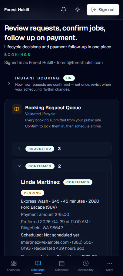 The same dashboard on mobile — designed for between-jobs glances
